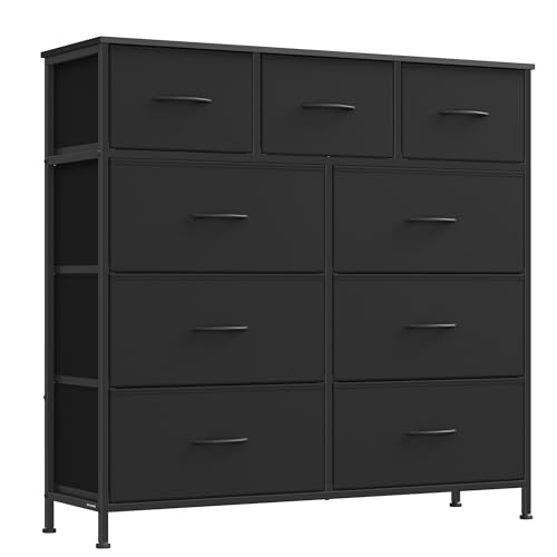 SONGMICS BELLAH Collection - Dresser for Bedroom, Chest of Drawers, Storage Organizer Unit, Closet, Entryway, Steel, 9 Drawers, Modern, Ink Black and Ebony Black ULGS324B01S - color: Ink Black + Ebony Black, size: 11.8"D x 38.9"W x 37.5"H (9 Drawers)