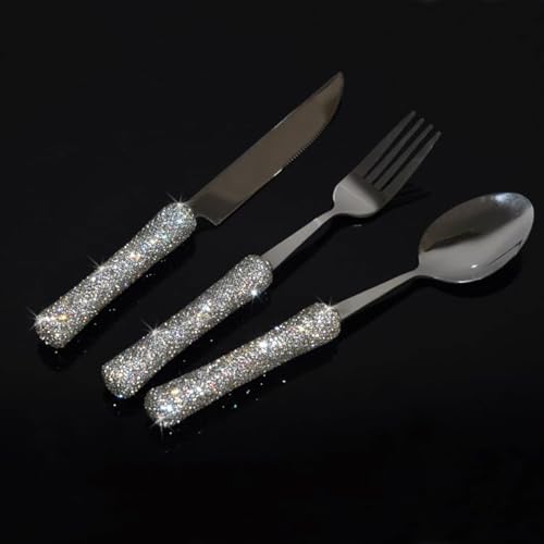 Bling Rhinestone Crystal Dazzling Culinary Utensils Travel Set for Office, Lunch, and Travel (3, Silver) - color: Silver