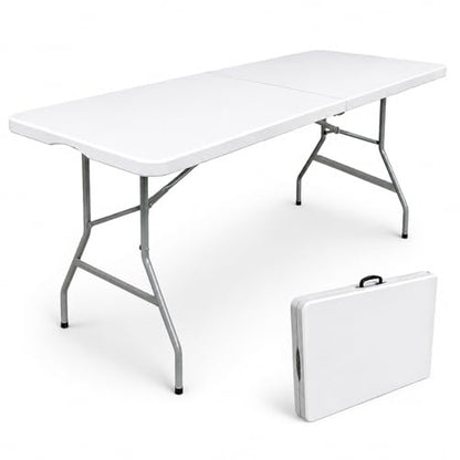 6ft Folding Table with Handle, Portable Plastic Table, White | Heavy Duty & Foldable, Fold in Half Table with Steel Frame, Indoor & Outdoor Use, Perfect for Camping, Picnic, Wedding, Party - size: 6FT