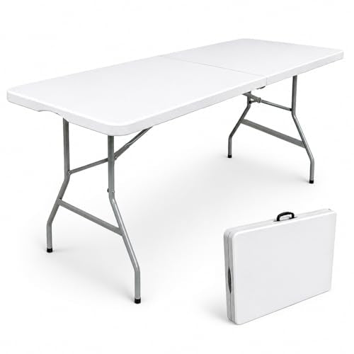6ft Folding Table with Handle, Portable Plastic Table, White | Heavy Duty & Foldable, Fold in Half Table with Steel Frame, Indoor & Outdoor Use, Perfect for Camping, Picnic, Wedding, Party - size: 6FT