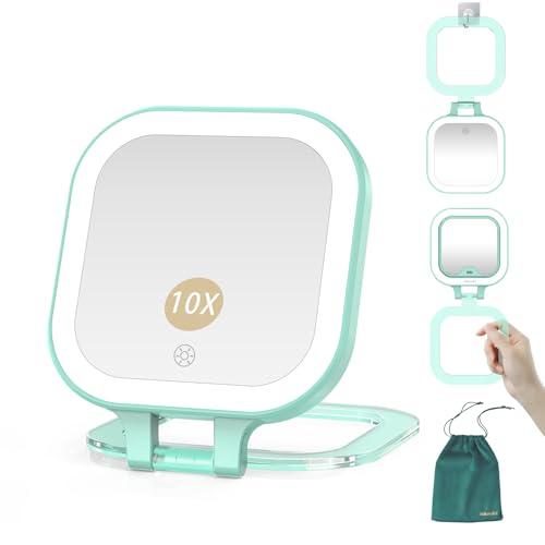 Mocado Compact Travel Makeup Mirror, 1X/10X Magnifying Mirror with Light, Double Sides Compact Mirror with 3 Color Light, Dimmable Handheld Mirror, Rechargeable Travel for Purse,Pocket(Green) - color: A-10x Magnifying-green