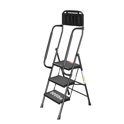 Valeo 3 Step Ladder with Handrails,500 Lbs Capacity,Folding Step Stool Ladder with Attachable Tool Bag,Lightweight & Storage Step Ladder 3 Step Folding,Multi-use for Home,Kitchen,Office,Black - style: 3 Step Ladder with Handrails
