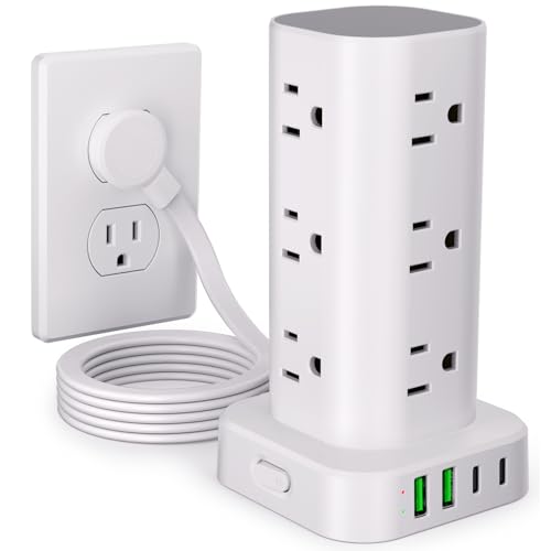 Power Strip Tower with Multiple Outlets, Flat Plug Surge Protector Tower Extension Cord with 12 AC Outlets 4 USB Ports (2 USB C), 6FT Cord Power Tower Surge Protector for Home Office Dorm Room, White - color: White, size: 6FT without Wireless Charging