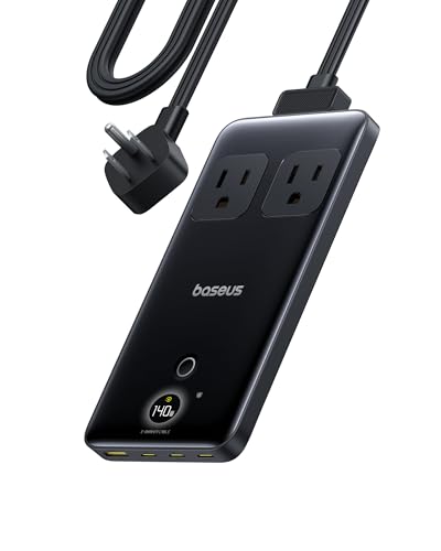 Baseus Blade Charging Station 140W, 6-in-1 Compact USB C Power Strip with 5ft Detachable Flat Extension Cord, Digital Display, Slim Fast Desktop Charger for Work and Travel (Not a Portable Battery)