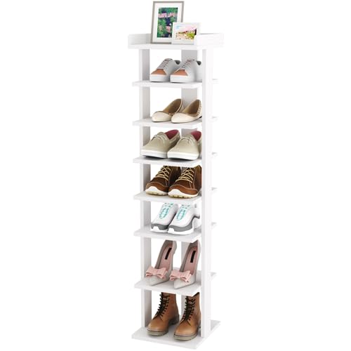 HOMEFORT 7-Tier Wood Shoe Rack, Entryway Shoe Tower,Vertical Shoe Organizer, Wooden Shoe Storage Stand, White - color: White, size: 11"Dx11"Wx45.1"H