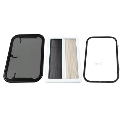 RV Push Out Window with Screen and Privacy Shade, 75x50cm, Black Aluminum Alloy Frame, Tempered Glass, 65° Opening Angle for Camper Van Trailer Motorhome