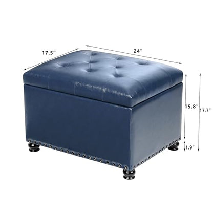 Joveco Faux Leather Storage Ottoman Bench Rectangle 24 Inch Foot Rest Ottomans - color: Blue Faux Leather