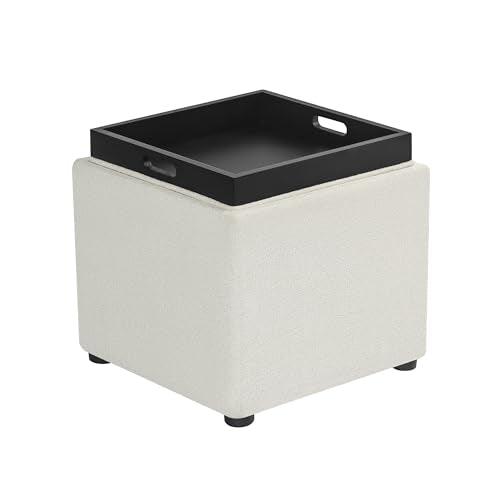 Adeco 17 inch Faux Leather Storage Ottoman with Reversible Tray Lid, Modern Square Cube Footrest Stool & Coffee Table for Living Room, Bedroom, and Dorm, White - color: White With Tray