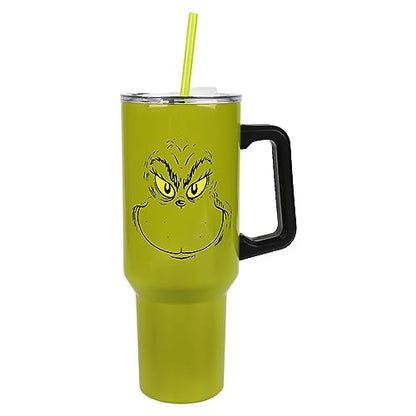 Bioworld Grinch Grinning Face 40 Oz Green Stainless Steel Tumbler With Handle - color: Grinch Grinning Face