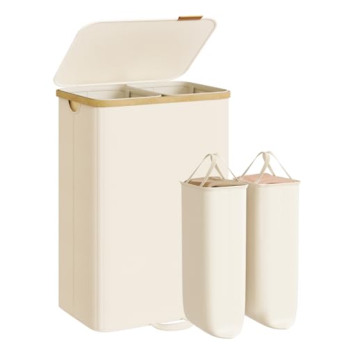 SONGMICS Laundry Hamper, Laundry Sorter with Lid, Storage Basket Bin, Removable Liners, Bamboo Frame, for Bedroom, 2 Sections, 39.6 Gal. (150 L), Cream White ULCB532WD01 - color: Cream White, size: 150 L (2-Section)