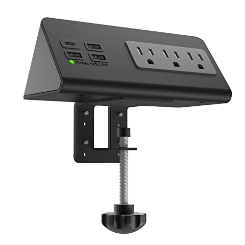 Nightstand Edge Mount Power Strip with USB-C Ports Tabletop Surge Protector Desk Clamp Power Sockets with 3 AC Outlets &4 Fast Charging USB Ports for Home Office Hotel and Dormitory - color: Black
