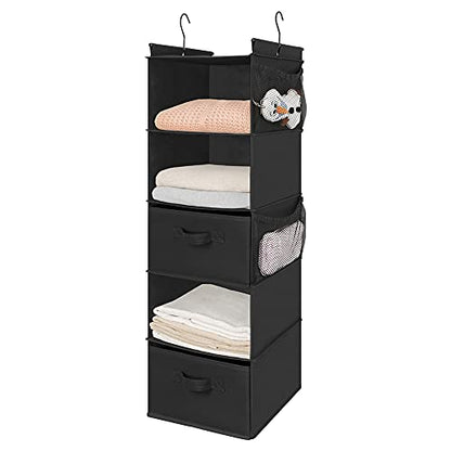 MAX Houser 5 Tier Shelf Hanging Closet Organizer, Cloth Hanging Shelf with 2 Sturdy Hooks for Storage, Foldable (Black-D2) - color: Black-d2