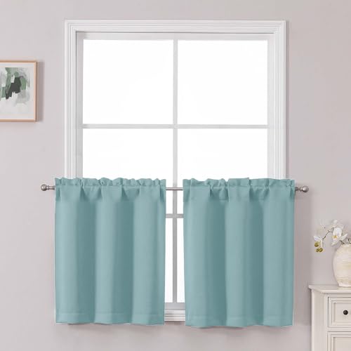 Chyhomenyc Short Aqua Curtains 24 Inch Length, Small Kitchen Curtain Rod Pocket Half Window Curtains for Basement Cabinet Camper RV Bunk, 2 PCS, Each 30Wx24L, Aqua - color: Aqua, size: 30"W x 24"L (Pack of 2)