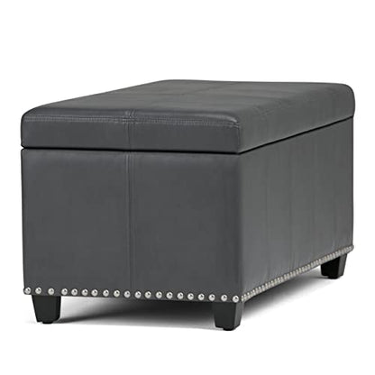 SIMPLIHOME Amelia Storage Ottoman - 33 inch Wide Vegan Leather Rectangle Storage Ottoman Bench in Stone Grey, Transitional Ottoman for Living Room with Nailhead Trim and Lift-Up Lid - color: Stone Grey