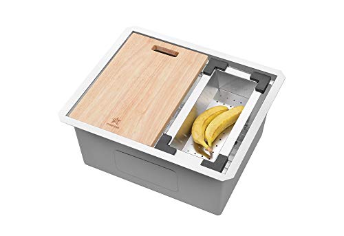 STARSTAR Workstation Ledge Undermount Single Bowl 304 Stainless Steel Kitchen Sink, With Grid, Colander, Cutting Board (23 x 19) - size: 23 x 19