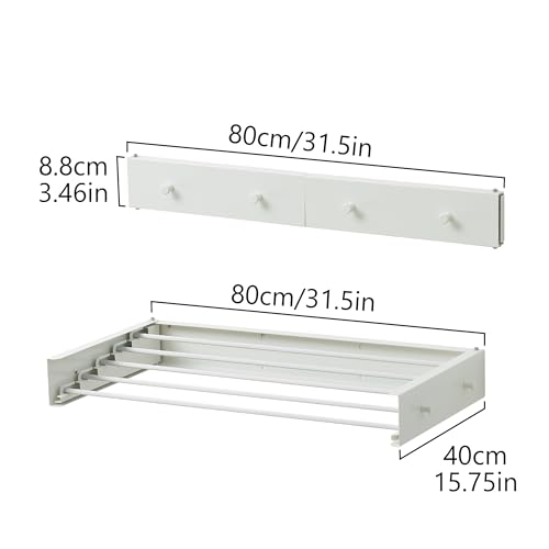 Clothes Drying Rack,Laundry Hanging Rack Collapsible,Wall Mounted Drying Rack for Laundry,Foldable Drying Rack Indoor Outdoor,31.5" Wide,5 Aluminum Rods with Hooks, 60 lb Capacity (White 31.5" Hooks) - size: 31.5 Inch with hooks
