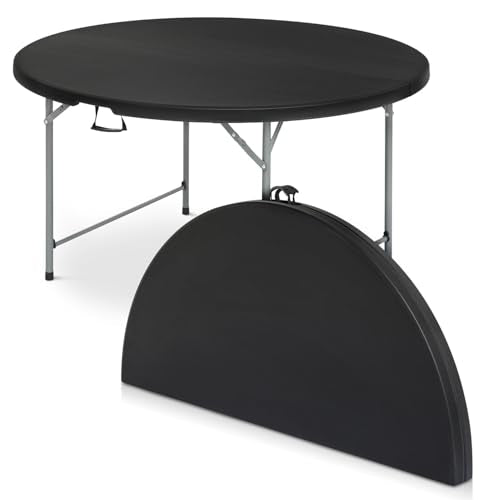 OS MOTOR 5ft Round Folding Table with Carry Handle, Portable Heavy Duty Plastic Utility Table with Steel Legs for Party, Wedding, Camping, Indoor, Outdoor Event, 60 Inch, Black - color: Black, size: 60" Diameter