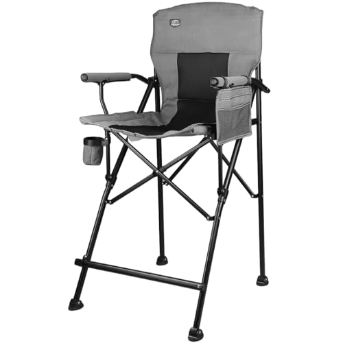 LANMONTAIN Extra Tall Folding Camping Chairs,30.7'' Seat Height Portable Hard Arm Bar Chairs w/Cup Holder,Side Mesh Pocket and Footrest,Heavy Duty Support 350 Lbs Comfy Director Chairs,Black&Grey - color: Black&grey 1 Pack