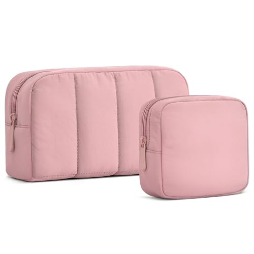 oscaurt 2 Pcs Makeup Bag Travel Toiletry Bag for Women Puffy Padded Cosmetic Pouch Purse Wide-open Makeup Organizer Case Travel Essentials - color: Deep Pink-Set