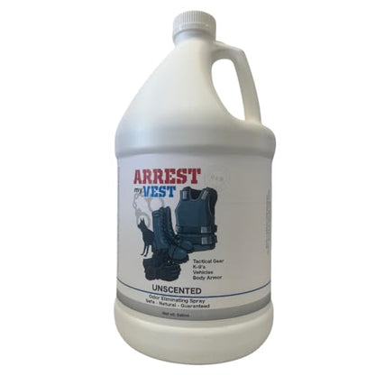 Arrest My Vest Military Grade Odor Eliminating Spray for Body Armor, Tactical Gear, and K9 Equipment. Safe on All Ballistic Vests, Fabrics, & Police Gear - Unscented - 1 Gallon Bottle - size: 128 fl oz (1 Bottle)