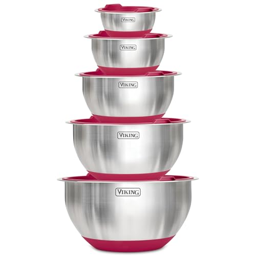 Viking Mixing Bowls Set, 10 Piece Stainless Steel Kitchen Cookware, Non-Slip Silicone Base, Includes Tight Fit Lids, Dishwasher Safe, Red - color: Red