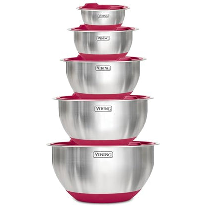 Viking Mixing Bowls Set, 10 Piece Stainless Steel Kitchen Cookware, Non-Slip Silicone Base, Includes Tight Fit Lids, Dishwasher Safe, Red - color: Red