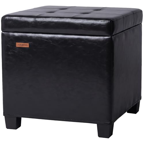 ABHENG Synthetic Leather Cover Steel Frame Ottoman with 48L Storage,17.7" x 17.7" x 17.7" Square Storage Ottoman Stool Cube with Legs,for Dorm Livingroom Black UASND63B - color: Pu-black, size: 17.7"D x 17.7"W x 17.7"H