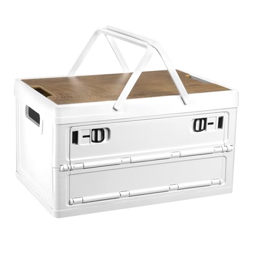 PATIKIL Collapsible Storage Bins with Lids and Handle, 1 Pcs 30L 8Gal Plastic Camping Storage Box Stackable Side Opening Organizer Basket for Car Rv Office Home, White - color: White