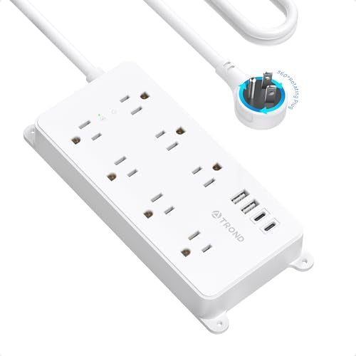 TROND 360° Rotating Plug Power Strip, ETL Listed, Flat Plug 10ft Extension Cord, 2 USB-A and 2 USB-C, Wall Mountable, 7 Widely-Spaced Outlets, 1700J Surge Protector, for Home Office Garage, White - color: White, size: 10ft, style: 7 Outlets - with Rotatin