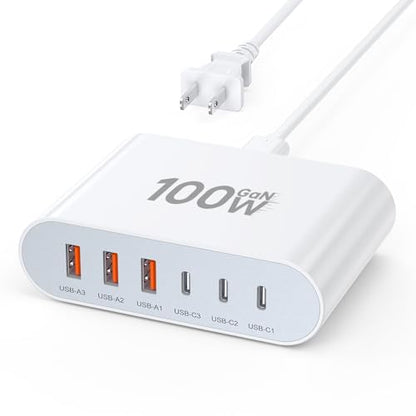 100W USB C Fast Charger Block Compact GaN 6 Port PD USB C and QC USB A Wall Charger Type C Charging Station Hub Adapter Plug Cube Brick for iPhone 17 16 15 14 Pro Max iPad Pro Air Samsung Pixel LG