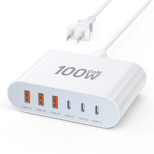 100W USB C Fast Charger Block Compact GaN 6 Port PD USB C and QC USB A Wall Charger Type C Charging Station Hub Adapter Plug Cube Brick for iPhone 17 16 15 14 Pro Max iPad Pro Air Samsung Pixel LG