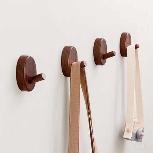 Wooden Wall Hooks 4 Pack Walnut Brown Adhesive for Hats Towels Coats | Solid walnut, Splinter free, No drill 3M adhesive & sealant, Rustic farmhouse, For entryway bathroom bedroom closet