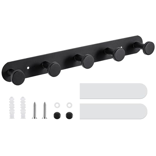Coat Hooks Wall Mounted, Black Coat Rack with 5 Hooks Adhesive & Screw in Door Hooks Heavy Duty Coat Hanger Towel Hooks for Wall Towels Clothes Hat - style: "O" shape