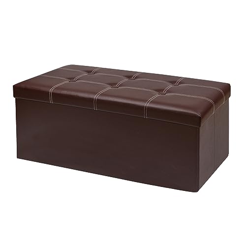 30 Inches Folding Storage Ottoman Bench, Faux Leather Footstool Ottoman, Storage Trunk Footrest for Bedroom, Living Room and Hallway, Support 350lbs, Brown (White line) - color: Brown(white Line)