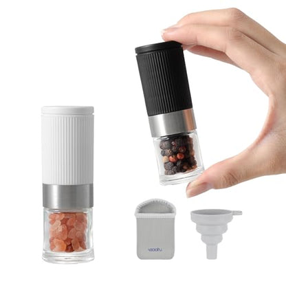 vzaahu Mini Salt and Pepper Grinder Set Black and White with Bag and Funnel, Small Travel Portable Spice Tools, Adjustable Coarseness, Refillable, Ceramic Burrs Seasoning Mills for Cooking, BBQ, RV - color: Black/White