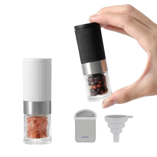 vzaahu Mini Salt and Pepper Grinder Set Black and White with Bag and Funnel, Small Travel Portable Spice Tools, Adjustable Coarseness, Refillable, Ceramic Burrs Seasoning Mills for Cooking, BBQ, RV - color: Black/White