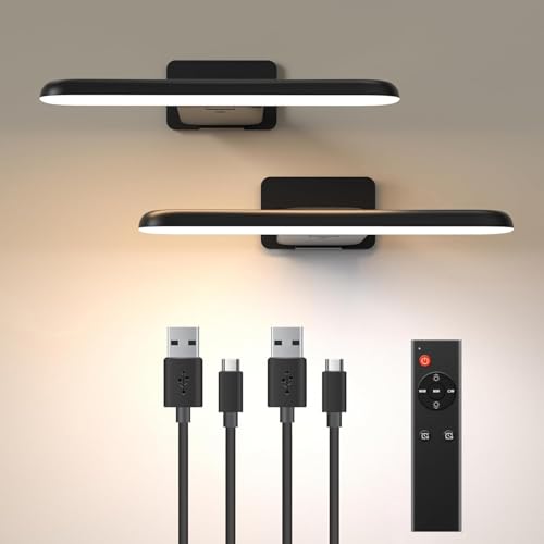 NARUNDREN 2 Pack Picture Lights for Wall, Rechargeable LED Picture Light Battery Operated with Remote, Dimmable Poster Light for Paintings, Portraits, Art Frames, Display Lighting for Wall Decor,Black - color: Black