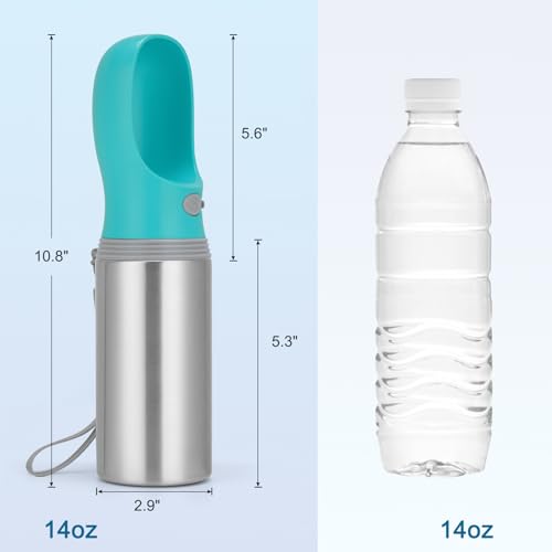 Portable Dog Water Bottle, 14 OZ, Stainless Steel Leak Proof Puppy Water Dispenser with Drinking Feeder for Pets Travel, Walking, Hiking and Outdoor Activities - size: 14 OZ - Blue, style: Button switch