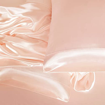 Homiest 3pcs Satin Sheets Set Luxury Silky Satin Bedding Set with Deep Pocket, 1 Fitted Sheet + 1 Flat Sheet + 1 Pillowcases (Twin Size, Champagne) - color: Champagne, size: Deep pocket - Twin size