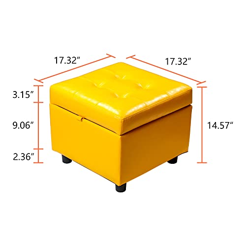 H&B Luxuries Tufted Leather Square Flip Top Storage Ottoman Cube Foot Rest - color: Yellow With Storage