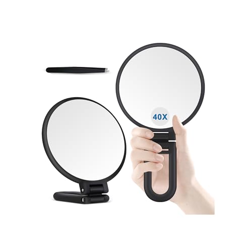 B Beauty Planet 40X Magnifying Mirror, Hand Mirror for Makeup, Double Sided with 40X/1X Magnification, Travel Essential, Portable Foldable for Desktop and Bathroom, Gift for Women, Frosted Black - color: Back40x