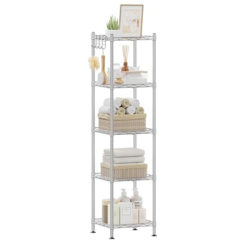 SONGMICS 5-Tier Bathroom Shelf, Storage Rack for Small Space, with 5 PP Shelf Liners, Removable Hook, Extendable Design, Silver and Translucent ULGR023S01 - color: Silver + Translucent, size: 5 Tiers (11.8"D x 11.8"W), style: With PP Shelf Liners