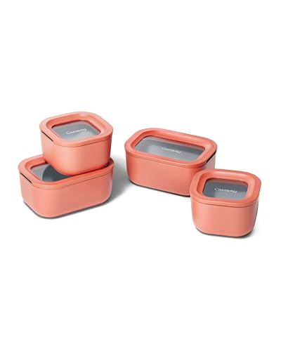 Caraway Mini Food Storage 9pc Set - Glass Storage Containers for Food - Non-Toxic Ceramic-Coated Glass - Air Release Technology - Compact & Stackable Design - Perracotta - color: Perracotta, size: Mini Food Storage Set (9x)