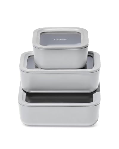 Caraway 3pc Glass Food Storage Set - 10, 6.6, & 4.4 Cup Containers - Ceramic Coated - Non-Toxic Non-Stick Lunch Box With Glass Lids - Dishwasher, Oven, & Microwave Safe - Gray - color: Gray, size: Food Storage Set (3x)