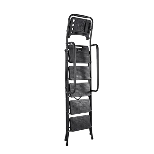 VEVOR 5 Step Ladder, Folding Step Stool with Wide Anti-Slip Pedal, Tool Tray, Dual Side Handrails, Portable Steel Ladder, Multi-Use for Kitchen, Home, Household and Office, Black - size: 20.9 x 41.9 x 68.5 in(Expanded)