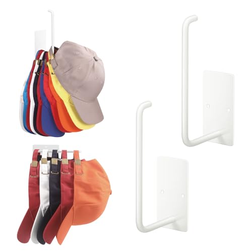 Hat Racks for Baseball Caps 2 Pack, Stainless Steel Adhesive Hat Hanger Hooks Holder for Wall, Multi-Purpose Strong Hook Organizer Can Hold More Than 20 Hats for Door/Closet - color: 2 Pack White