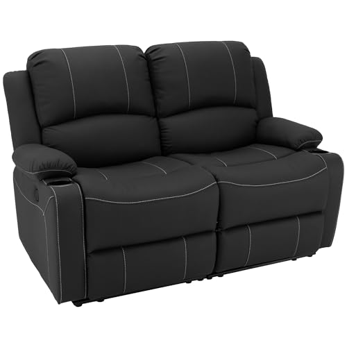 Camper Comfort 58" Wall Hugger Reclining RV Theater Seats | Double Recliner RV Sofa | RV Couch | Wall Hugger Recliner | RV Theater Seating | RV Furniture (Manual, Black w/White Stiching) - color: Black W/ White Stiching, style: Manual