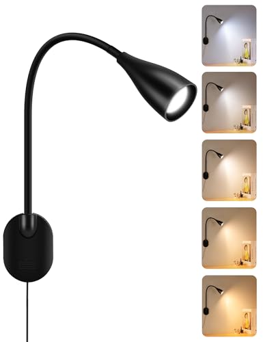 LED Wall Mounted Reading Light, 5 Color Modes 10 Brightness Dimmer, USB Charging Port, Memory & Timer, Adhesive Book Light for Reading in Bed, Eye-Caring Wall Lamps for Bedside Reading Bedroom Black - color: Black