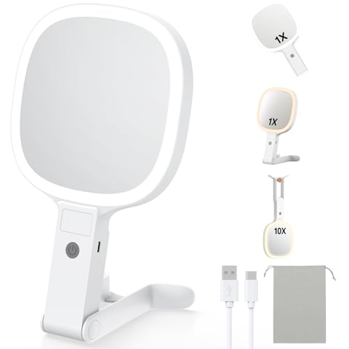 Gospire 6.8" Travel Vanity Mirror, 3-in-1 Hanging/Handheld/Desktop Use with Dual-Side Buttons, 1X/10X Magnification, 3-Color Dimmable LED, Auto Memory + Velvet Pouch (White) - color: White