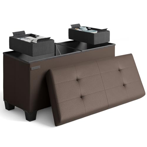 Storage Ottoman Bench with Bins, 30-in Storage Bench for Bedroom End of Bed, Folding Foot Rest Ottoman for Living Room Max 660lbs, Faux Leather Ottomans, Brown - color: 06 - Brown